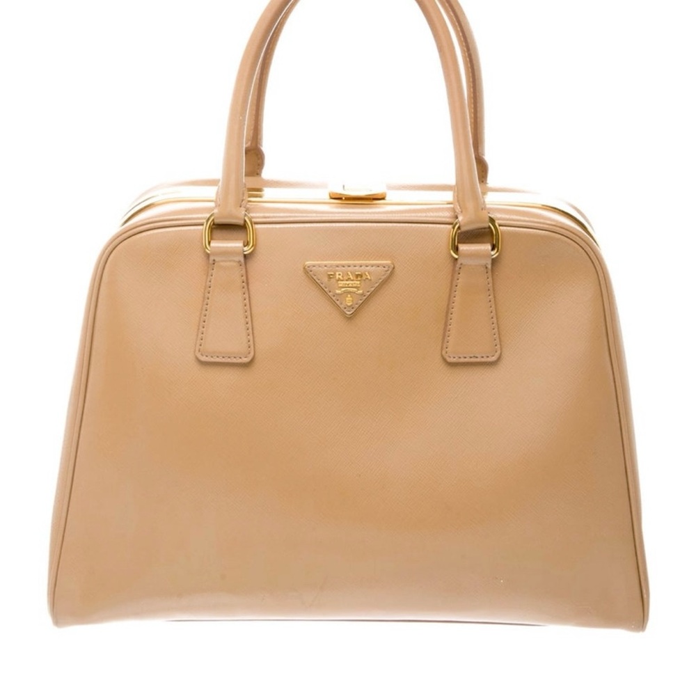 Prada Beige Pyramid Satchel Saffiano Vernice AUTHENTIC